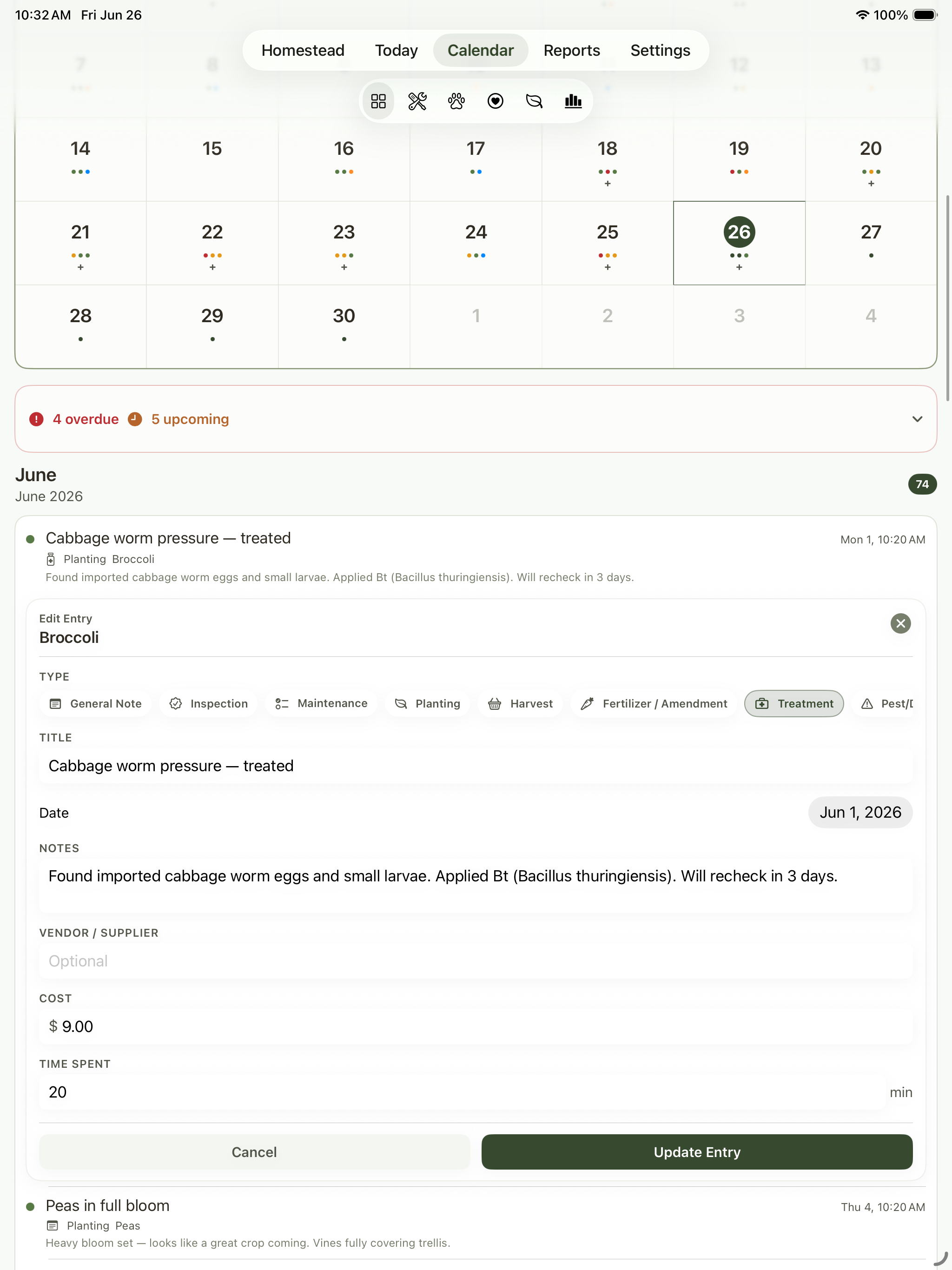 Calendar task detail showing category, priority, assigned record, due date, notes, and update action.